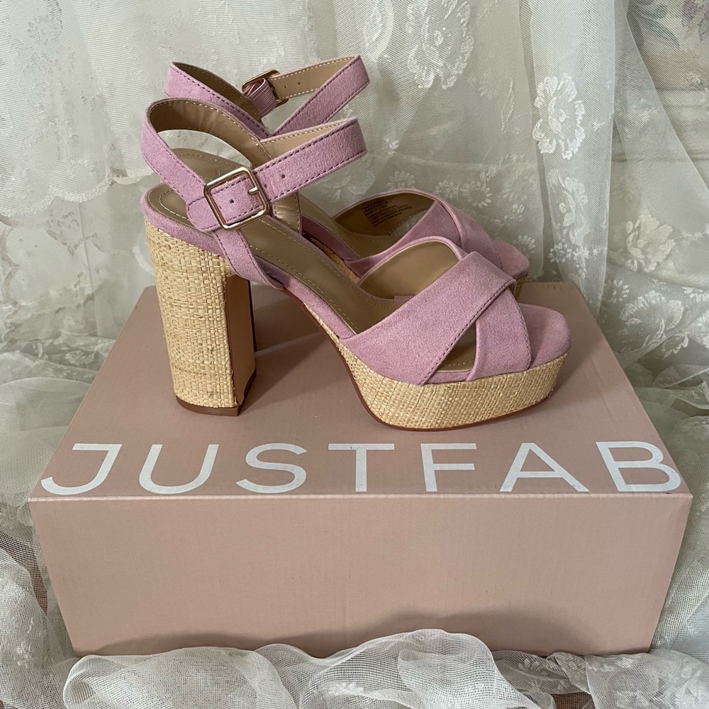 JUSTFAB Pink and Tan Woven Grasscloth Chunky Strap Heels